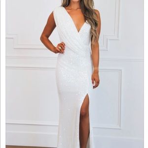 White sequence dress: rehearsal dinner